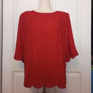 Red Silk Beaded Cocktail Blouse sz L